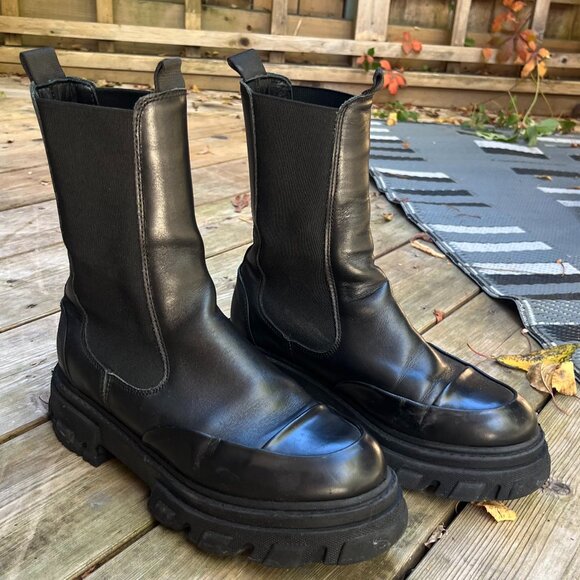 GANNI Mid-Calf Leather Boots Black Size 10 - Picture 2 of 7